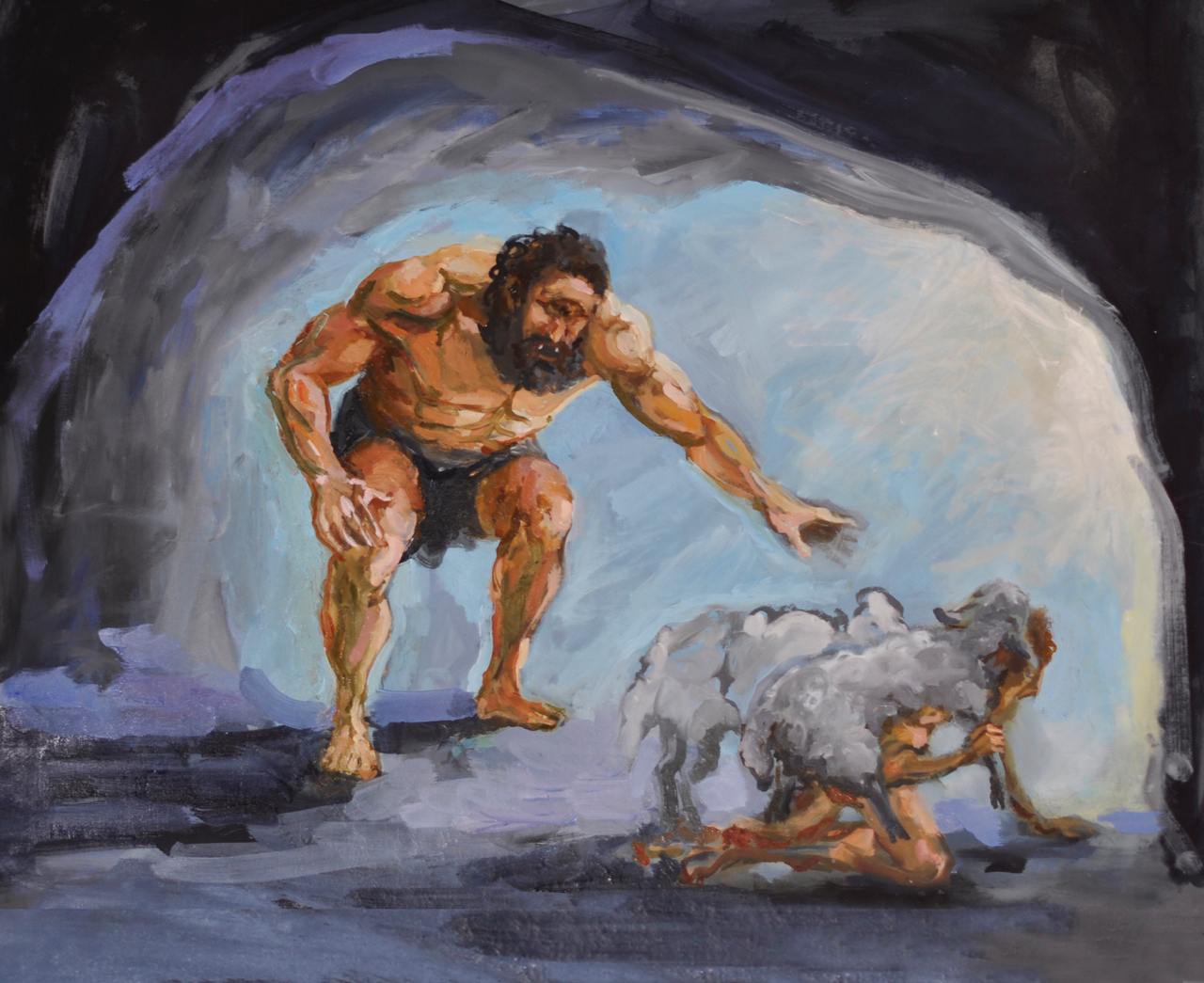 Ulysses escapes Polyphemuses cave. Art by Kristina Kurilionok. See also the painting by Jakob Jordaens called: Polyphemus.