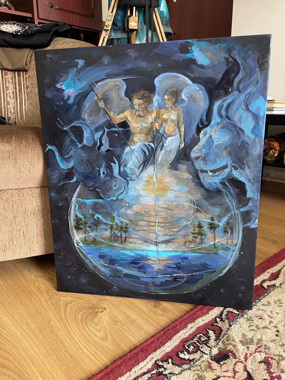 Theogony Painting - Completed Work with Bull and Lion